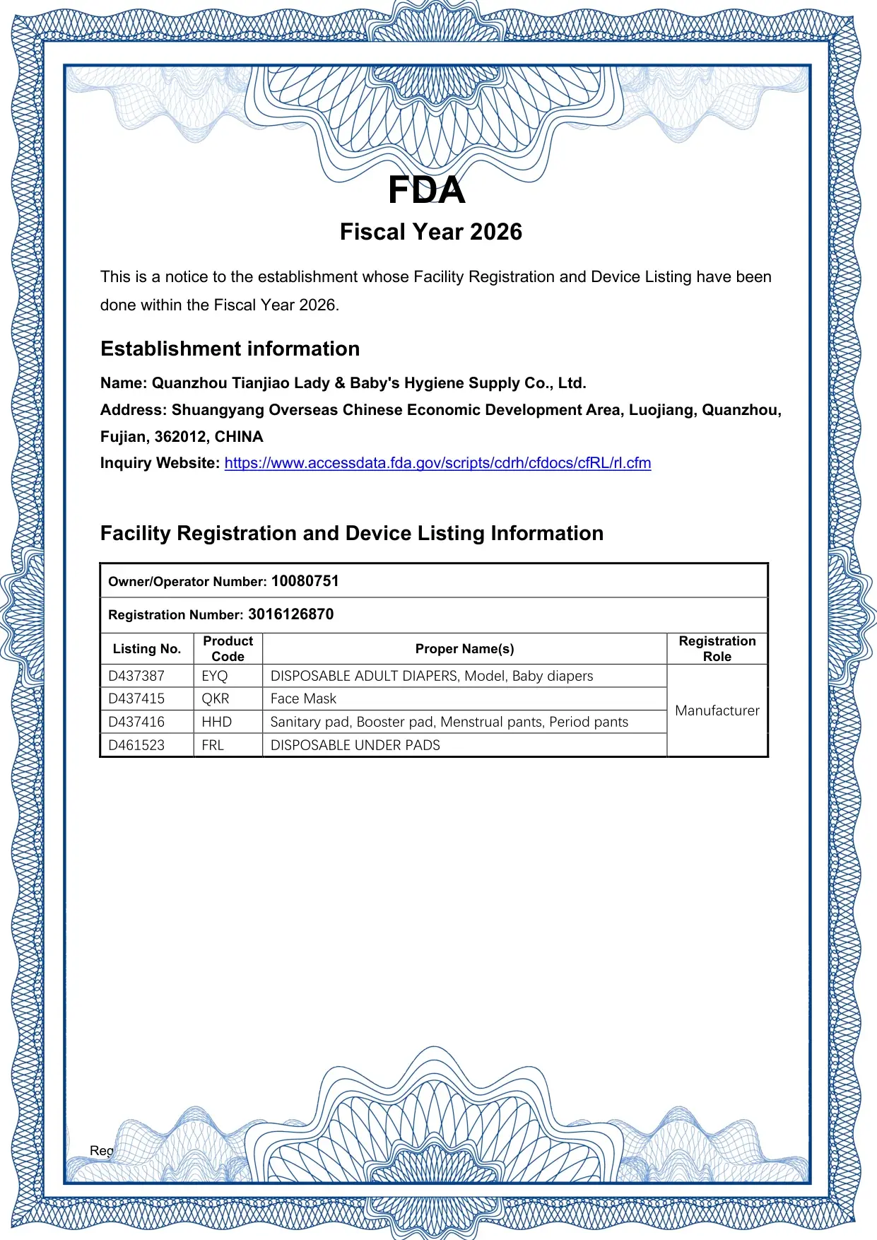 Thông tin đăng ký FDA